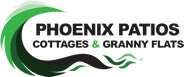 Logo of Phoenix Patios featuring a green and black wave design. Text reads: "PHOENIX PATIOS COTTAGES & GRANNY FLATS.